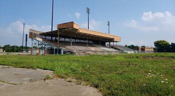 All that remains of Cooper Stadium, the former home of the Columbus Clippers minor league baseball team.
This location has been doubly abandoned because what's left was intended to be the grandstand of an auto racing track that never came to fruition.