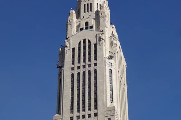 The LeVeque Tower is a 47-story Art Deco-style building, it was the tallest building in Columbus from 1927 until 1974 when the Rhodes State Office Tower was completed. The LeVeque Tower is 555 feet 6 inches tall, which at the time of its completion made it the tallest building between New York City and Chicago and the fifth tallest building in the world. It was meant to be built exactly one half-foot taller than the Washington Monument in Washington D.C.
#architecture