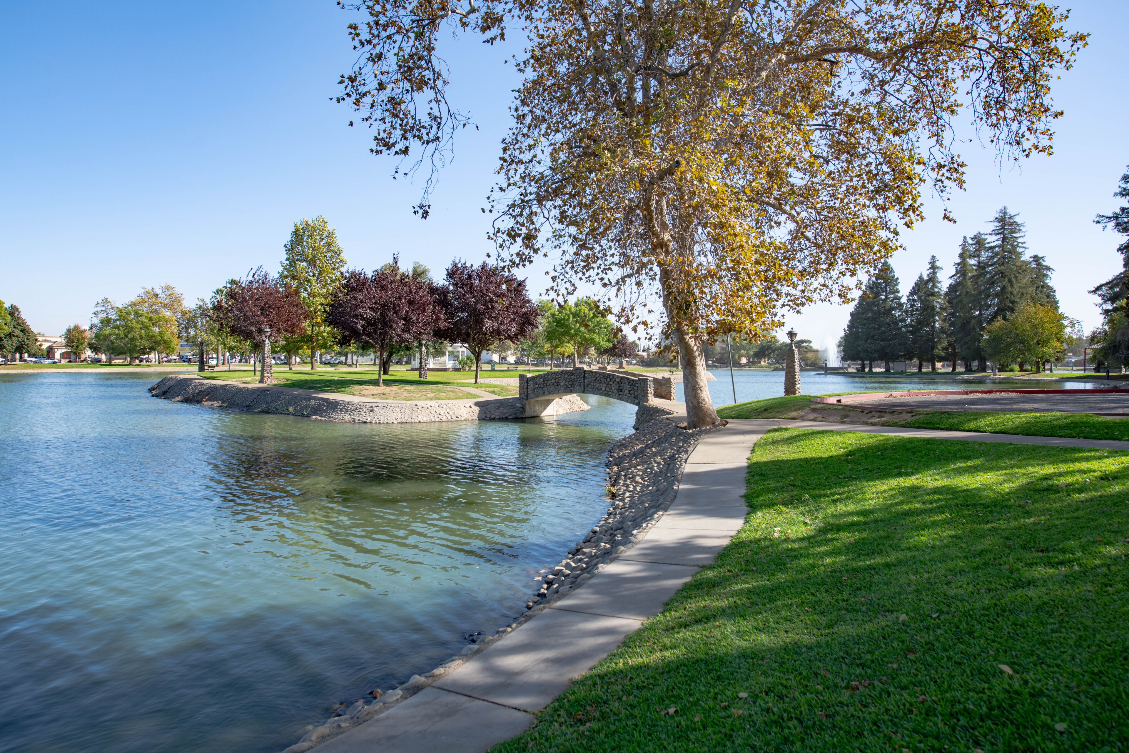 A park with a stone bridge over a calm body of water, surrounded by trees and a clear sky.