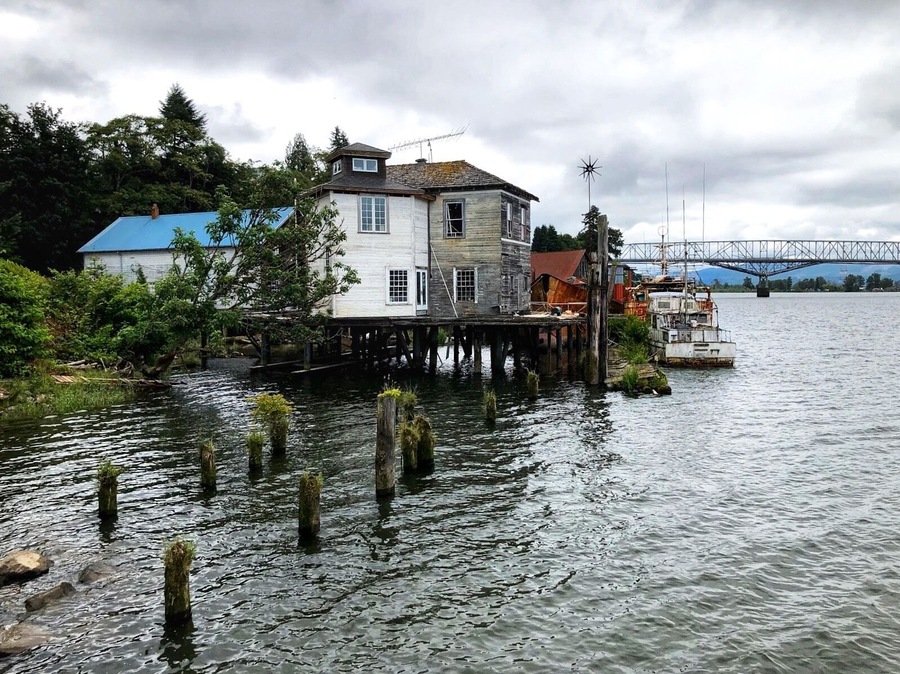 Cathlamet waterfront from Public Dock, looking upstream, along the Cathlamet Channel, Cathlamet, Washington. The old Warren Cannery building can be seen (red roof). In the background is the bridge connecting to Puget Island. (June 2019)
#Trovember