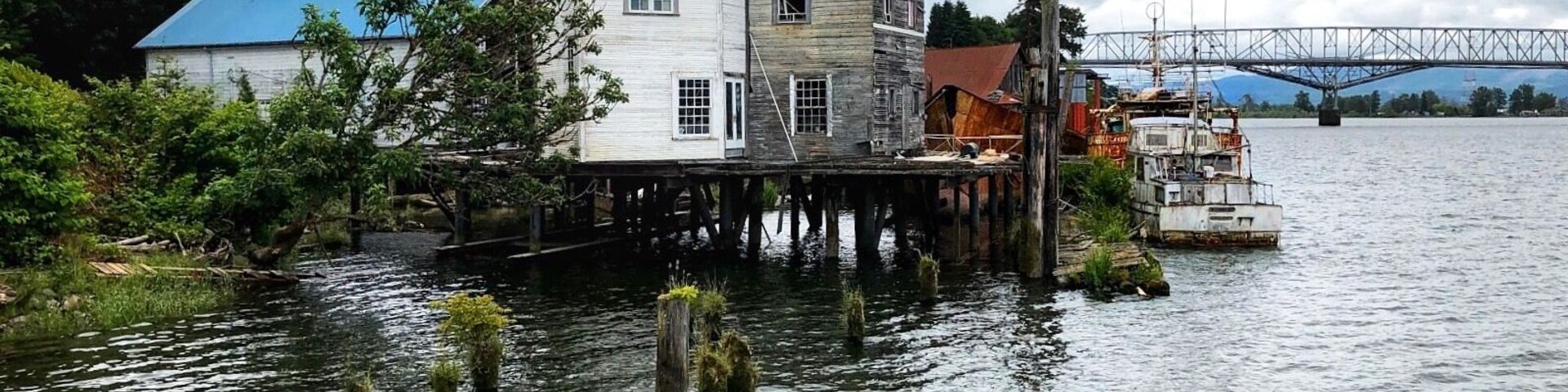 Cathlamet waterfront from Public Dock, looking upstream, along the Cathlamet Channel, Cathlamet, Washington. The old Warren Cannery building can be seen (red roof). In the background is the bridge connecting to Puget Island. (June 2019)
#Trovember