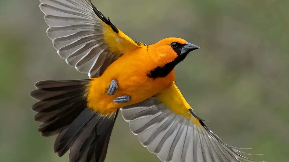 A bird in flight with yellow and black plumage, wings spread wide against a blurred green background.