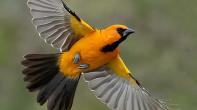 Un ave en vuelo con plumaje amarillo y negro, alas extendidas sobre un fondo verde borroso.