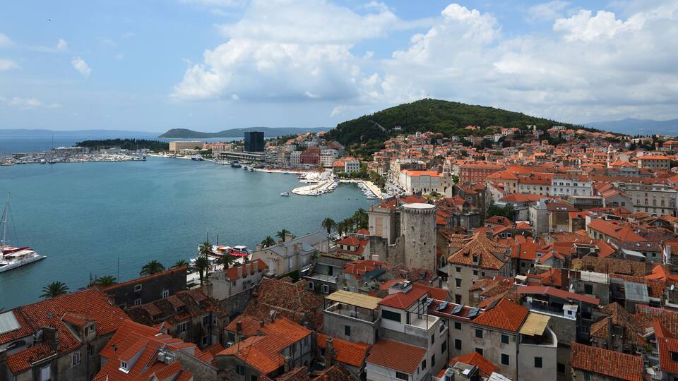 Panorama of Split Old town and Bay lokking towards Varos and Park Marjan.