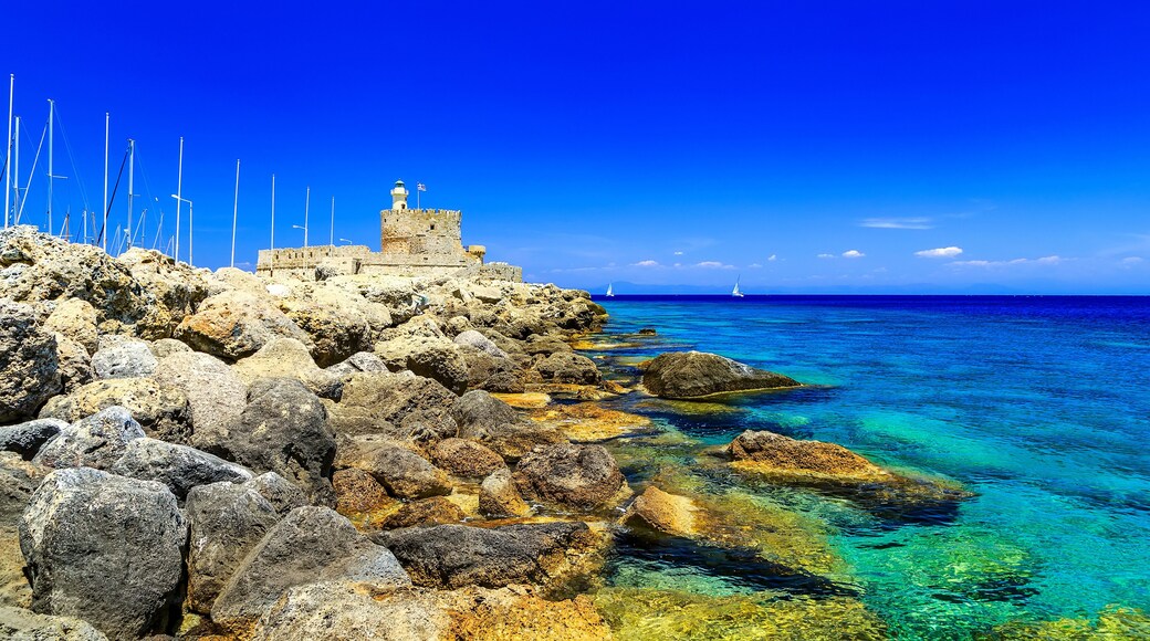 Saint Agios Nikolaos fortress, port Mandraki at Rhodes island in Greece