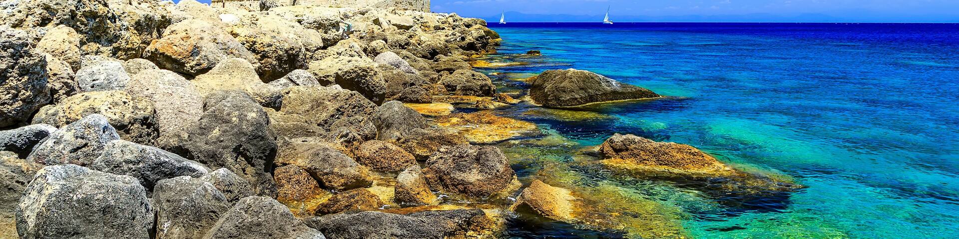 Saint Agios Nikolaos fortress, port Mandraki at Rhodes island in Greece