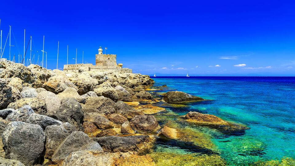 Saint Agios Nikolaos fortress, port Mandraki at Rhodes island in Greece