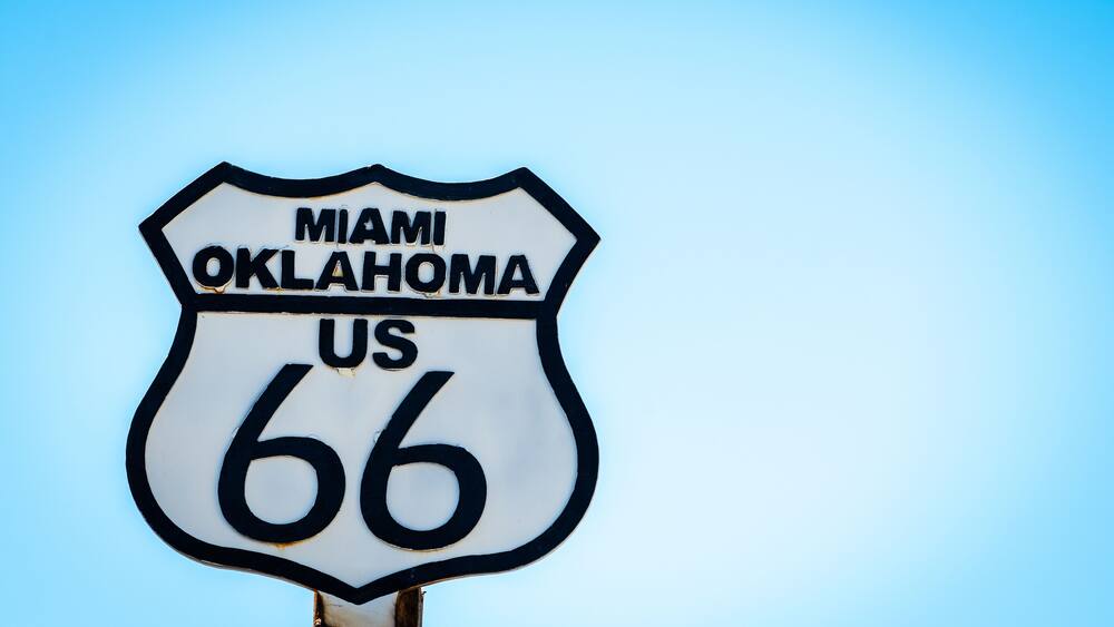 Black and white sign on US Route 66 in Miami, Oklahoma