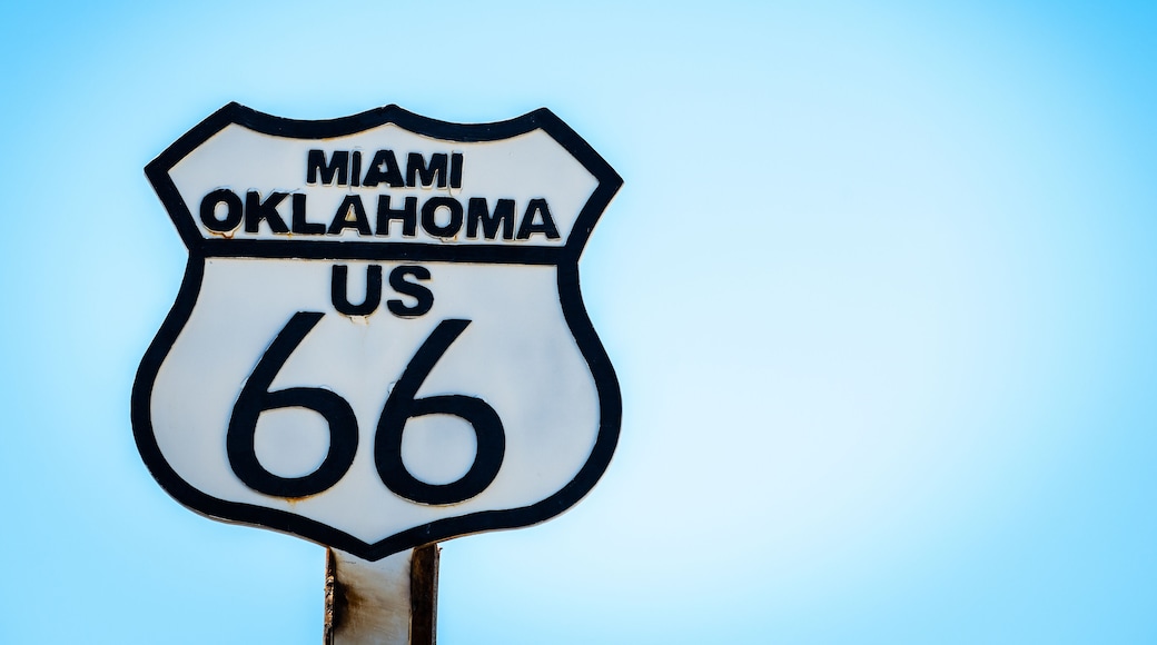 Black and white sign on US Route 66 in Miami, Oklahoma