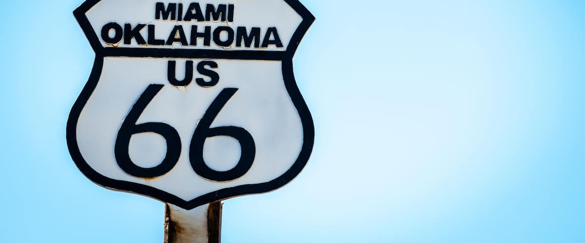 Black and white sign on US Route 66 in Miami, Oklahoma