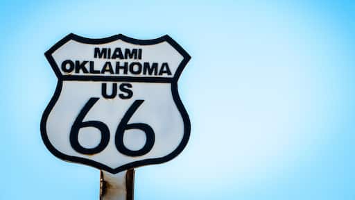 Black and white sign on US Route 66 in Miami, Oklahoma