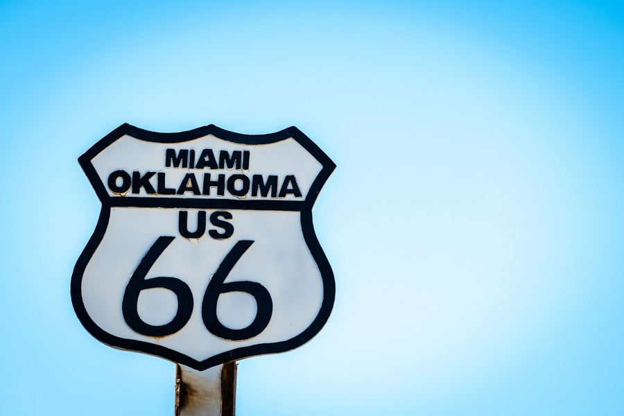 Black and white sign on US Route 66 in Miami, Oklahoma