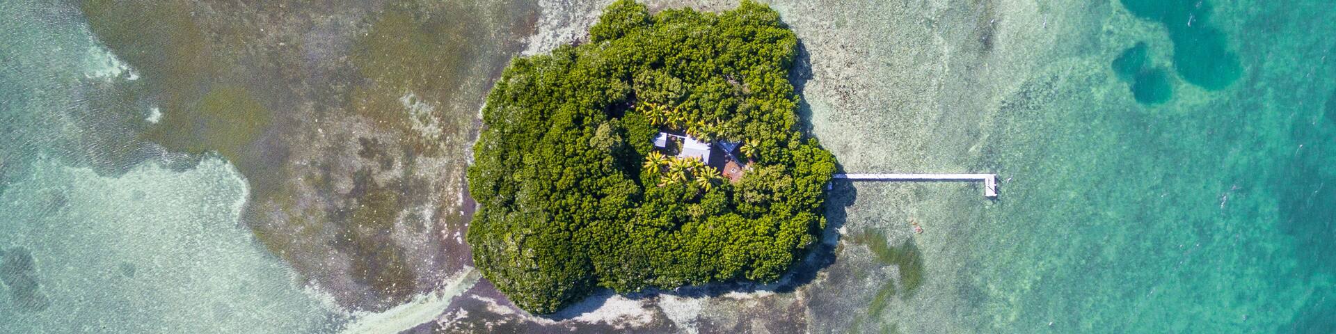 An aerial view of a small, lush island with dense vegetation and a dock extending into the turquoise waters.