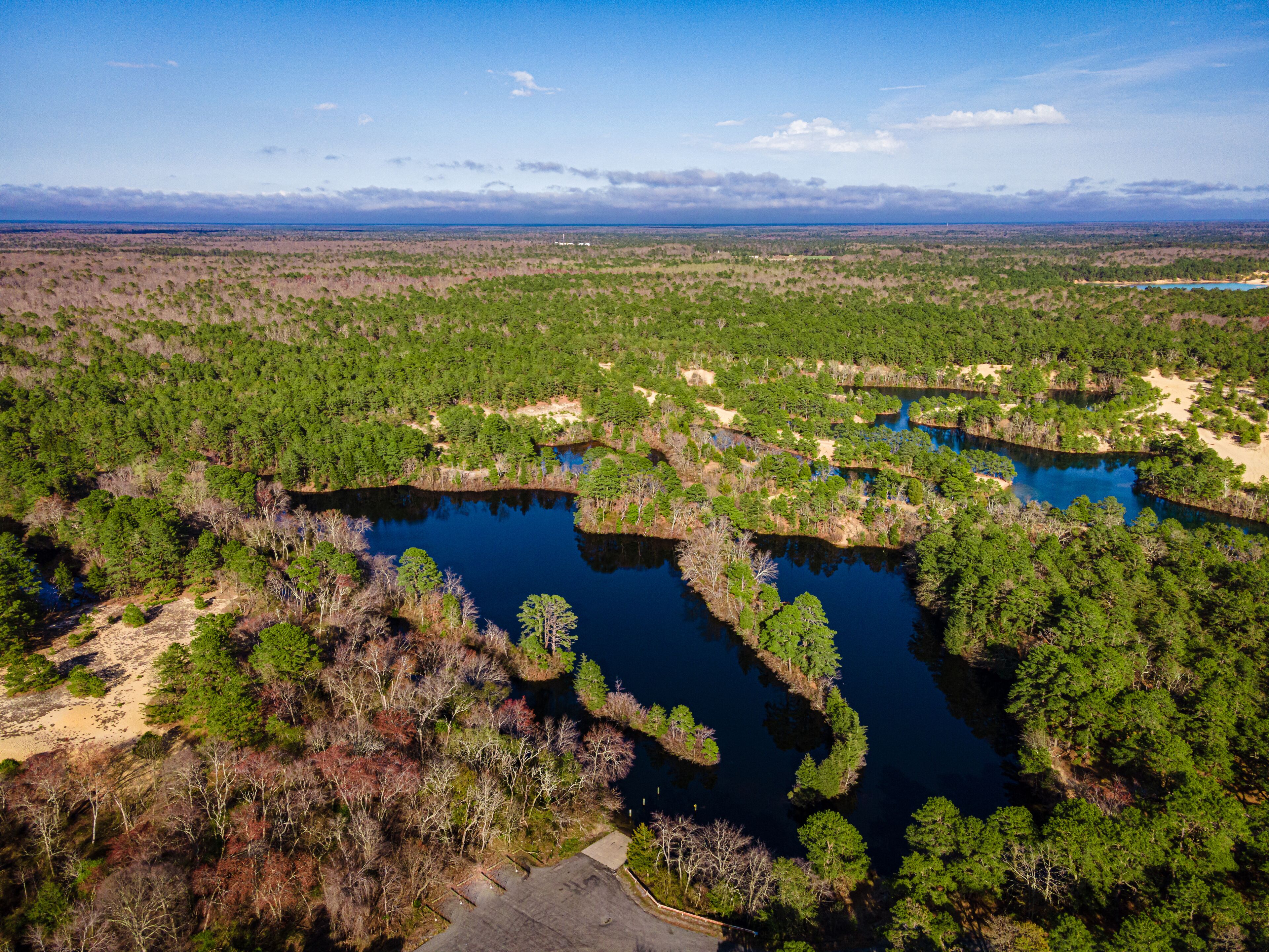 Aerial shot of the Menantigo Ponds located in Millville, New Jersey.