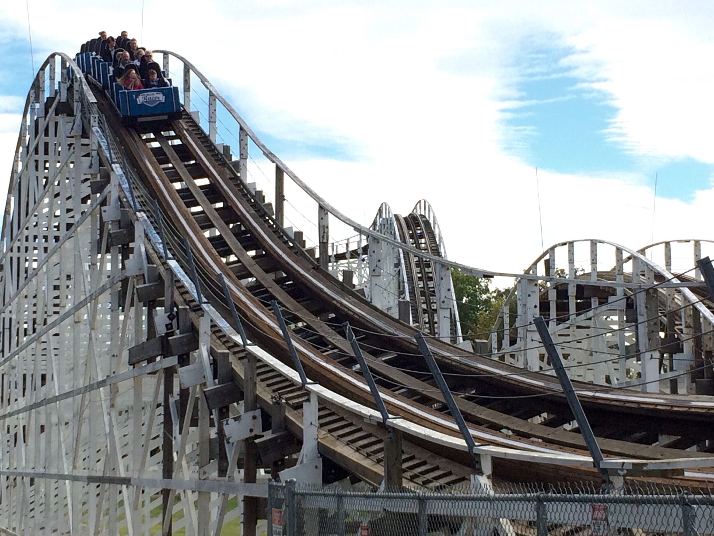 The Racer-
A classic out and back racing coaster this ride is accredited to the rebirth of the wooden Rollercoaster 
