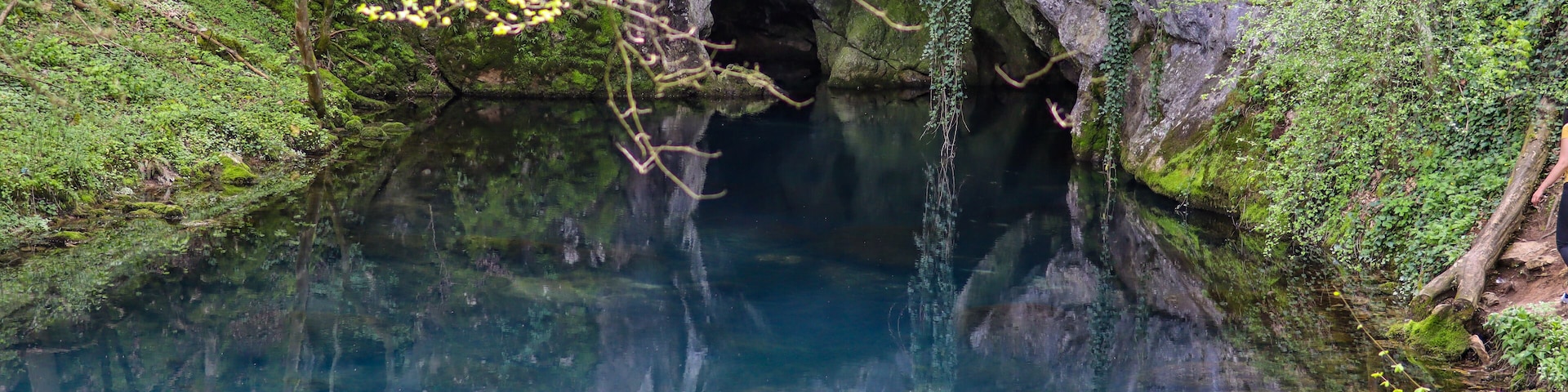 Karst spring lake with turquoise color of the water on Lake Krupajsko in Serbia on a summer day in the forest. National beauty and nature concept