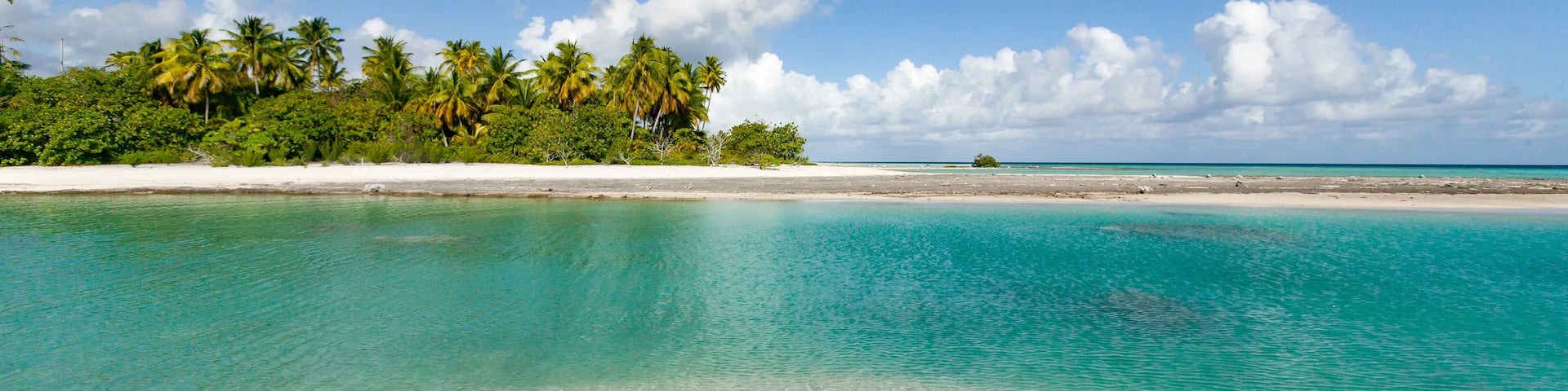 reef ring, lagoon and motu with palm trees on Makemo Atoll, Tuamotus archipelago, French Polynesia, France,