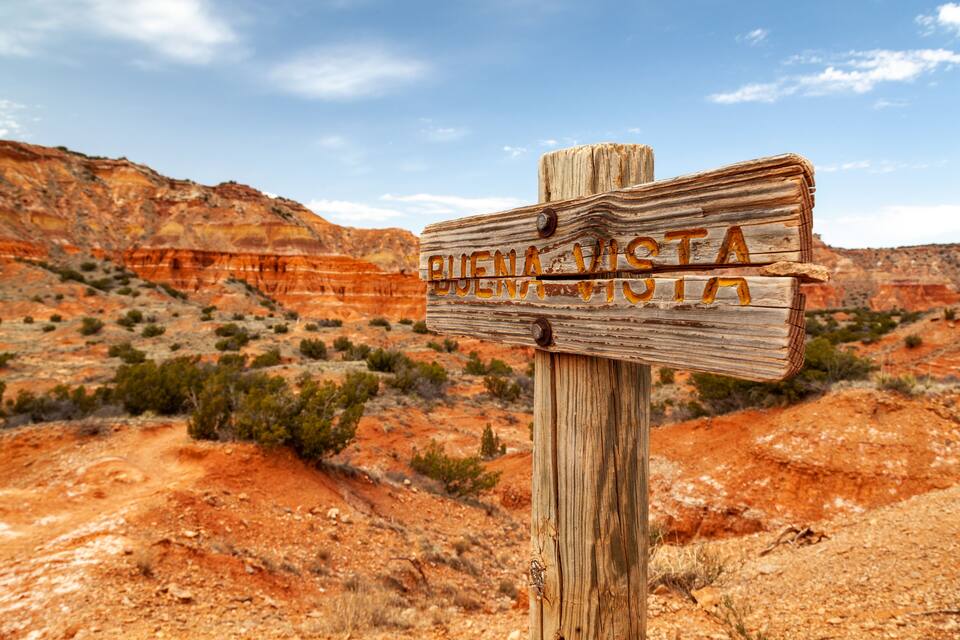 Un cartel de madera con la inscripción 'BUENA VISTA', ubicado en un paisaje desértico con formaciones rocosas rojas.