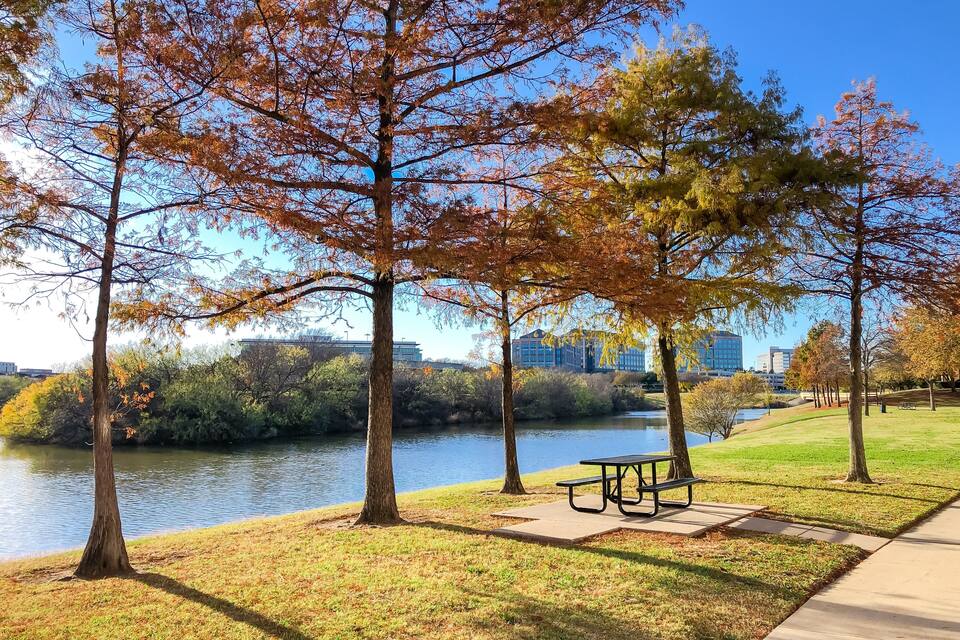 A park with a lake, trees with autumn leaves, and a picnic table.