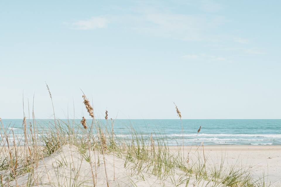 A sandy beach with grass and the ocean in the background.
