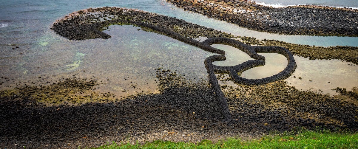 A rocky shoreline with clear water and a bicycle wheel-like formation.