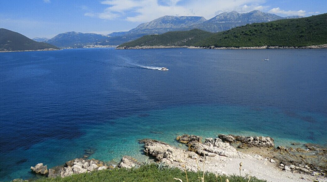 View from the fortress in Mamula island.
From Herceg Novi, we took one of the small boats leaving the harbour for an excursion to Mamula island, blue cave, and some of the beaches in Lustica peninsula (usually it is Zanjice).
Boat tours (or kayak tours) can be booked at the stands in the harbour the evening before, or directly at the boat in the morning (be at the harbour before 9 a.m. or before 10 a.m.).
#beach