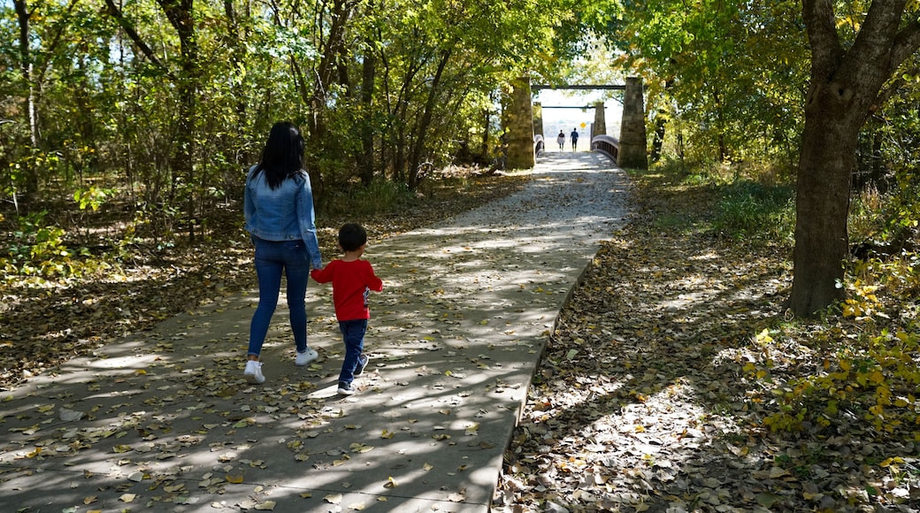 Mother and son walking along a pathway at a park in Plano, Texas