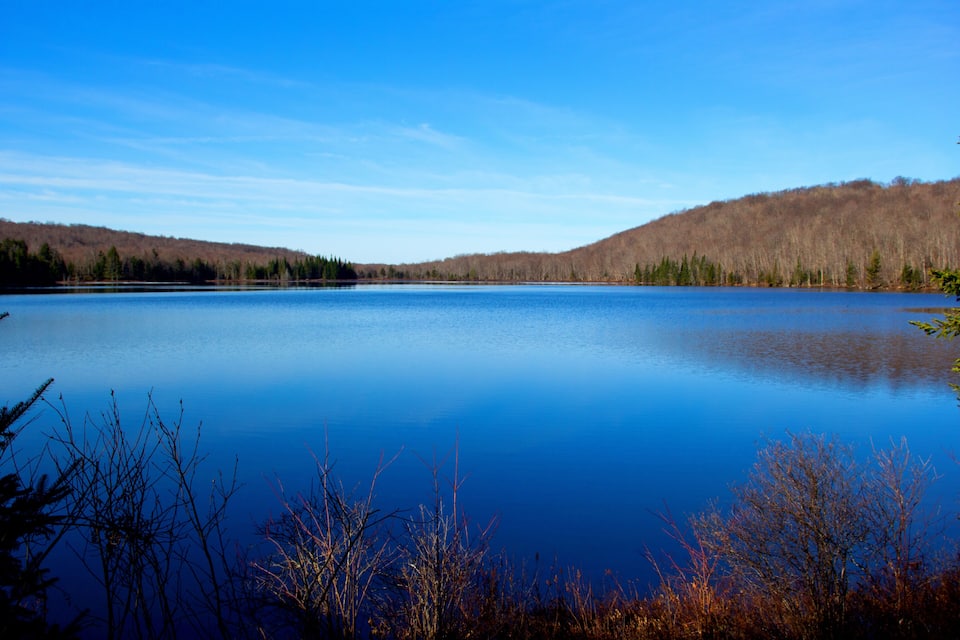 A calm lake surrounded by trees and hills.