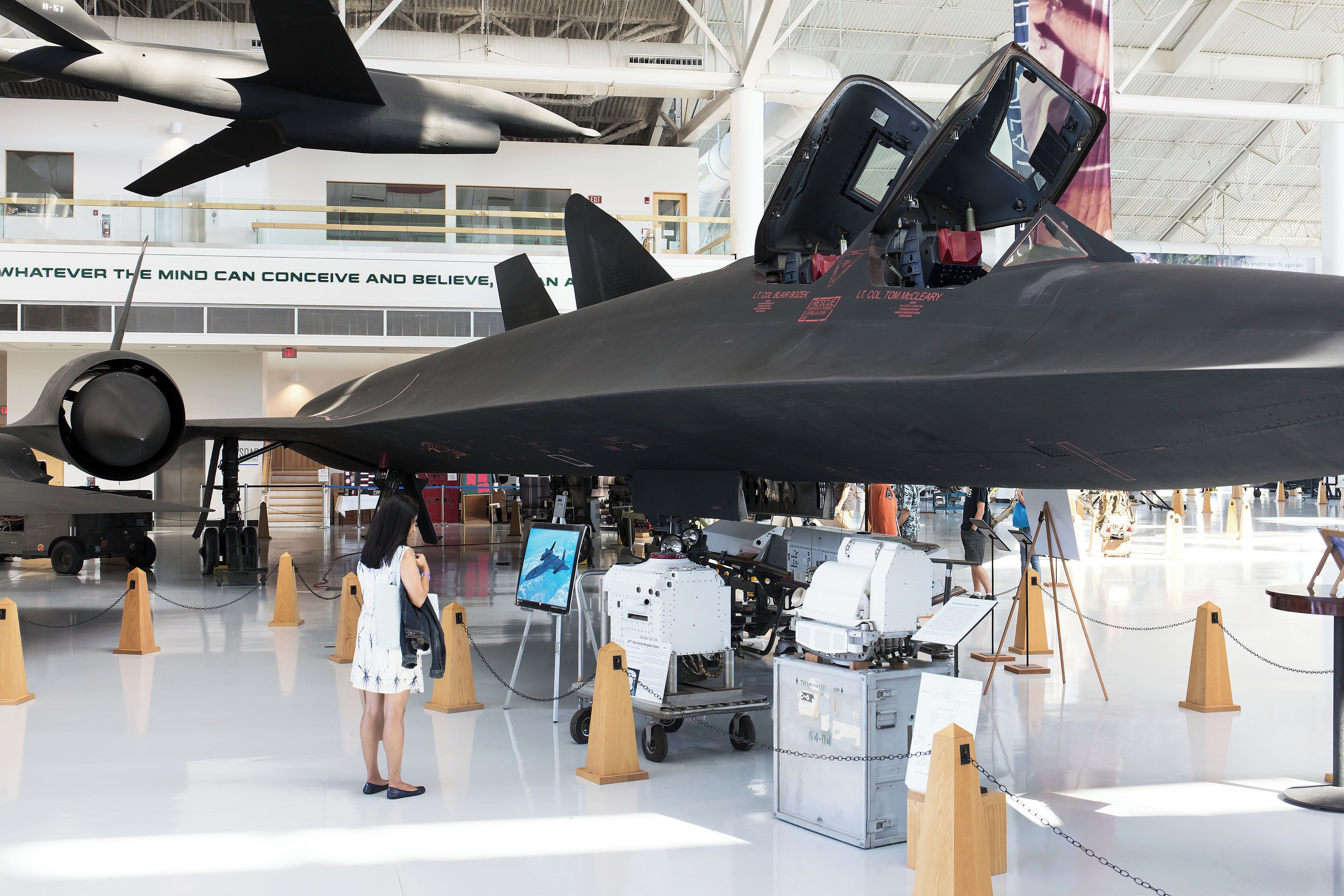 SR-71 "Blackbird" spy plane.  Even though it was designed back in the early 1960s, it still looks futuristic 50 years later!  

You can read more about it on wikipedia, but the cool thing about the Evergreen display is the number of internal components on display.

For example, did you know it used stars (both day and night) to navigate?!?  That second copier-sized white box under the plane is an astro-inertial guidance system that tracked the plane's position at speeds surpassing Mach 3.