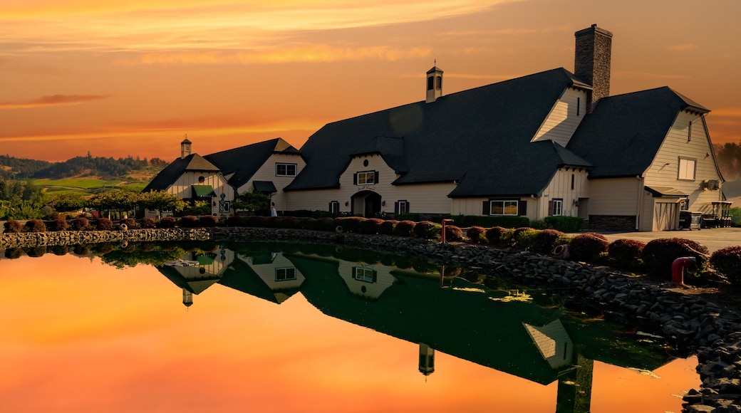 A winery and a reflection pond at sunrise near Salem Oregon, zenith