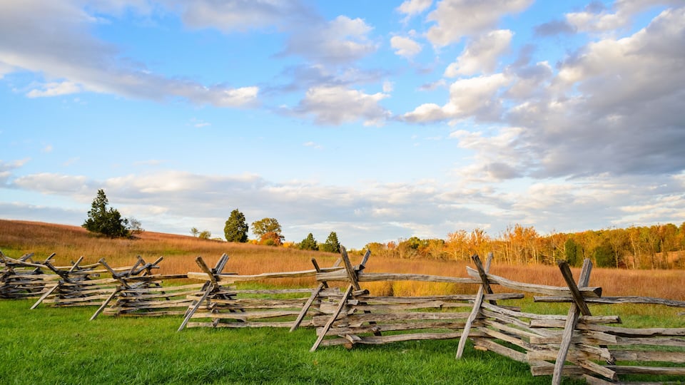 A wooden fence in a grassy field with trees and a clear sky.