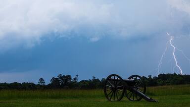 Lightning strike over the cannons at Manassas National Battlefield Park