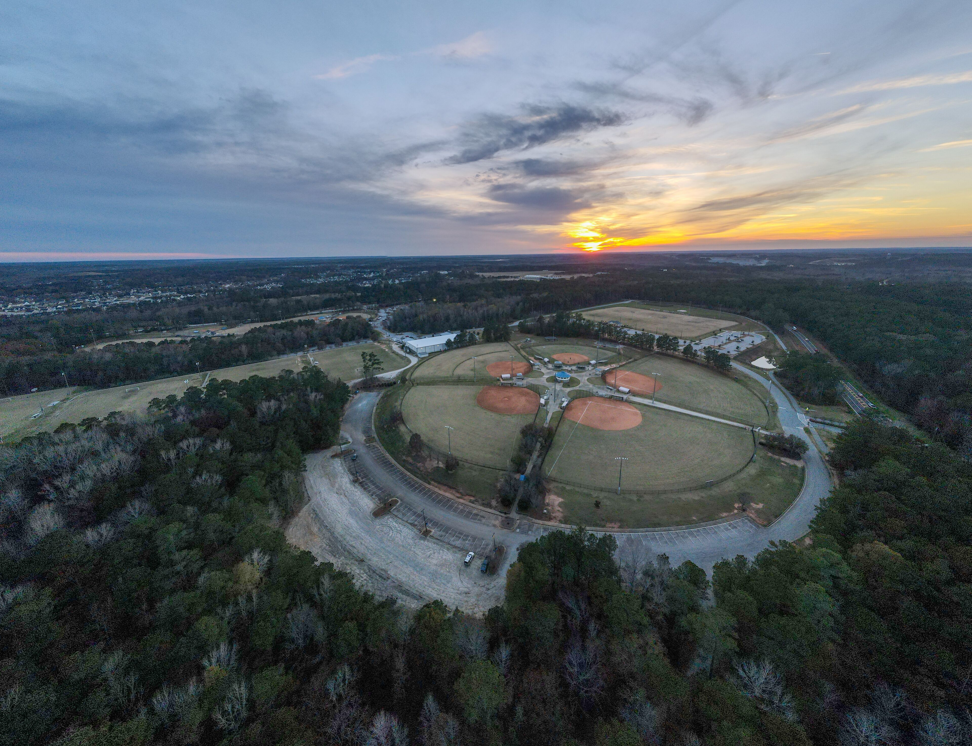 Aerial sunset landscape of Patriots Park baseball fields in Grovetown Augusta Georgia