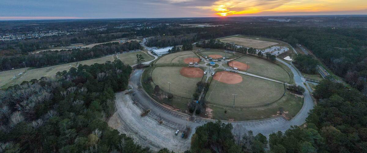 Aerial sunset landscape of Patriots Park baseball fields in Grovetown Augusta Georgia