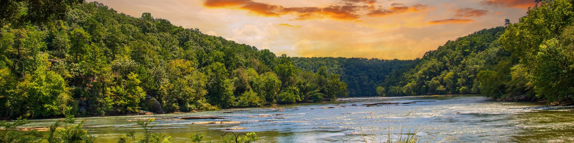 a gorgeous summer landscape along the Chattahoochee river with flowing river water surrounded by lush green trees, grass and plants with powerful clouds at sunset at Walton On The Chattahoochee