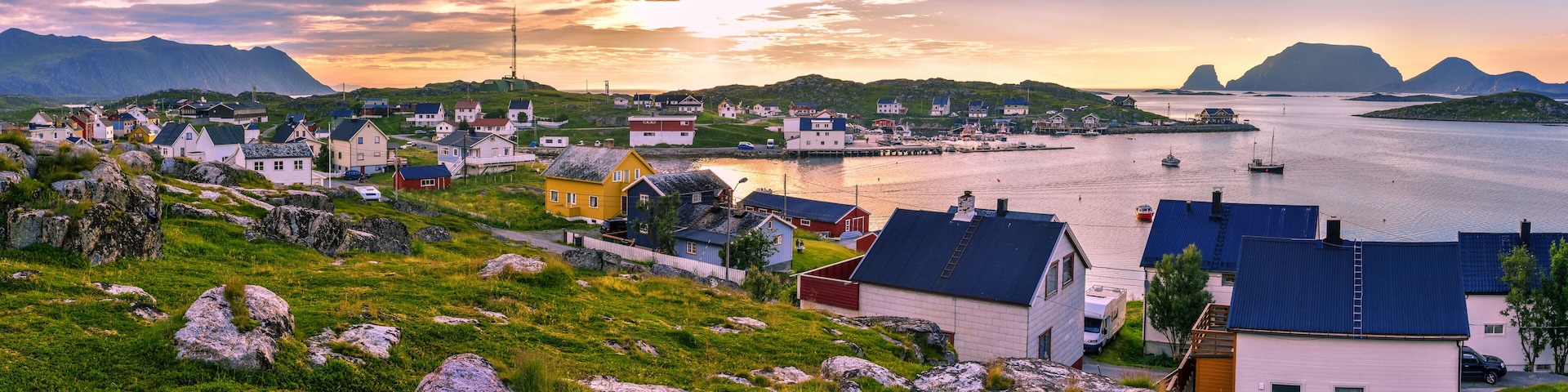 Panoramic view of Gjesvaer village in the west of Mageroya Island. Nordkapp Municipality in Norwegian Finnmark county.