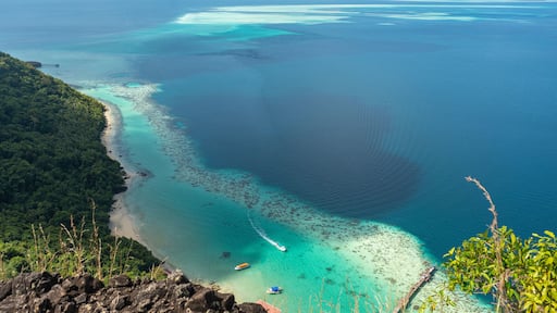 Spectacular view from above showcasing vibrant turquoise waters meeting a lush green coastline, dotted with boats, under a clear blue sky.