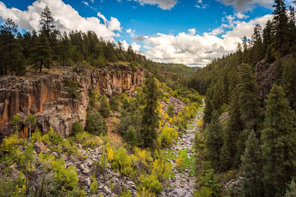 Een kloof met een rivier, rotsachtige kliffen en een dicht bos.