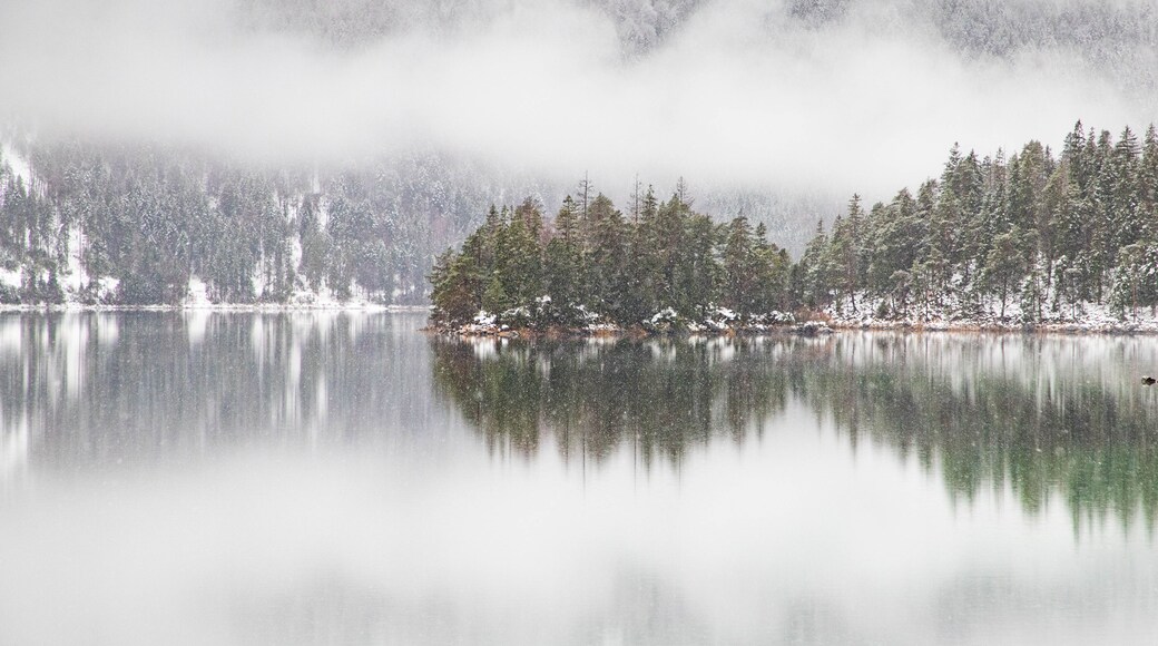 foggy lake in winter snowfall
