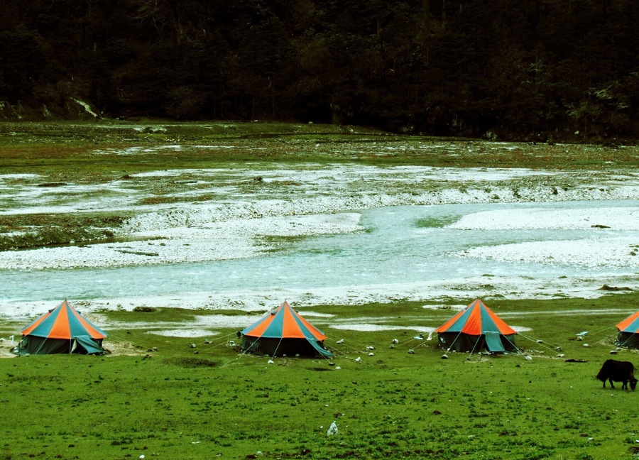River Bed and Colourful Tourist Tents in Yumthang in North Sikkim.