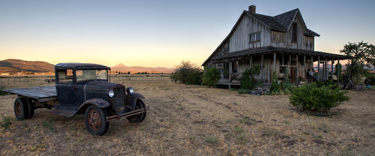 "The Wood House" Historic House with Model A Truck near Eagle Point, Oregon at Sunset in Summer