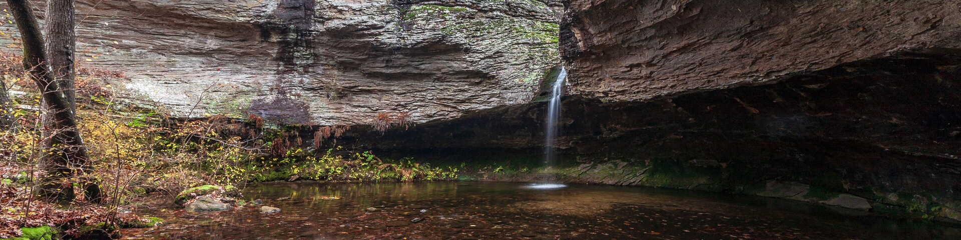 Un arroyo cristalino que fluye por un desfiladero rocoso con cascada.