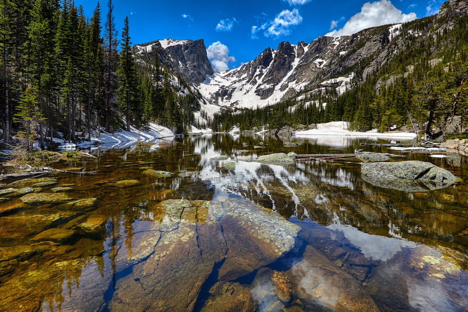 Un lago de aguas cristalinas rodeado de picos nevados y densos bosques de coníferas.