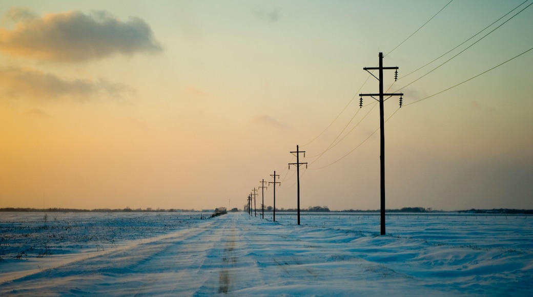 A snow-covered road with utility poles and power lines extending into the distance.
