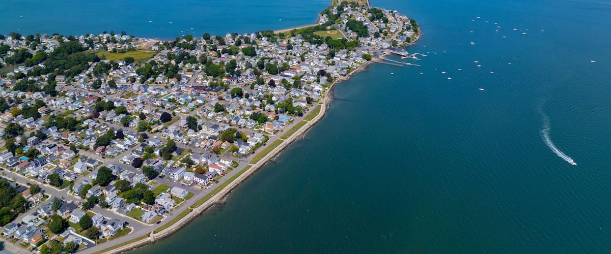 Houghs Neck and Nut Island aerial view between Weymouth Fore River and Quincy Bay in city of Quincy, Massachusetts MA, USA.