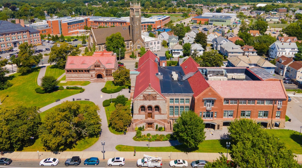 Quincy historic city center aerial view including Bethany Congregational Church and Thomas Crane Public Library at 40 Washington Street in Quincy, Massachusetts MA, USA.