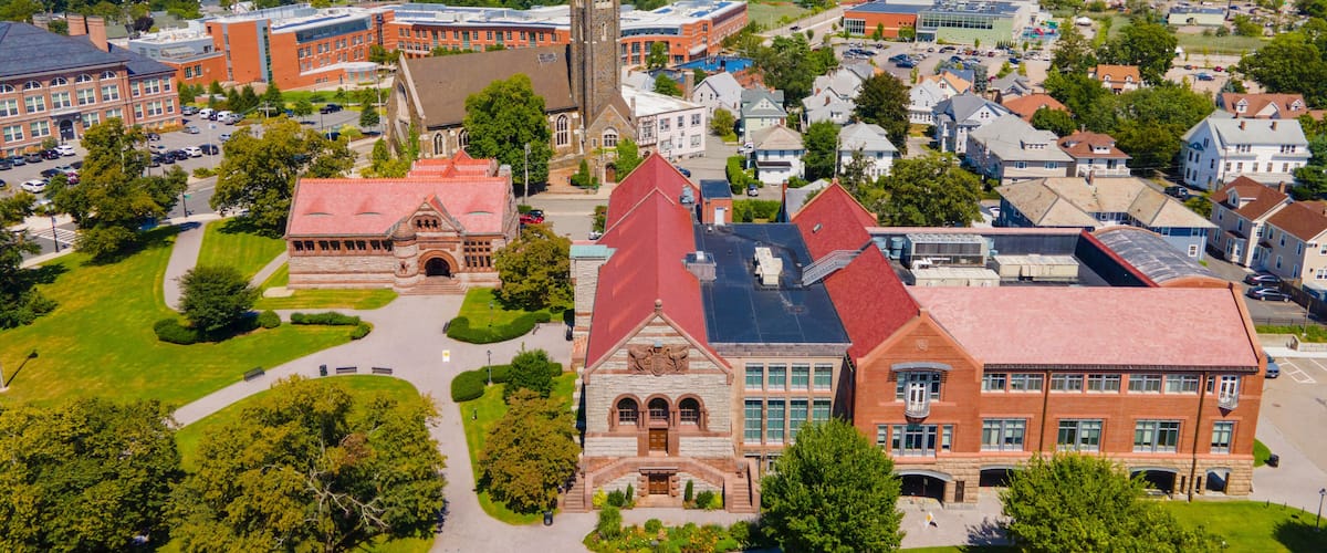 Quincy historic city center aerial view including Bethany Congregational Church and Thomas Crane Public Library at 40 Washington Street in Quincy, Massachusetts MA, USA.