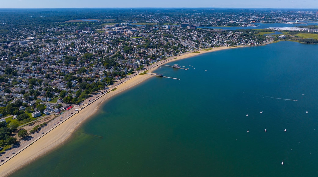 Wollaston Beach aerial view and Quincy Shore Drive with Squantum and Wollaston Yacht Club in Wollaston, city of Quincy, Massachusetts MA, USA.