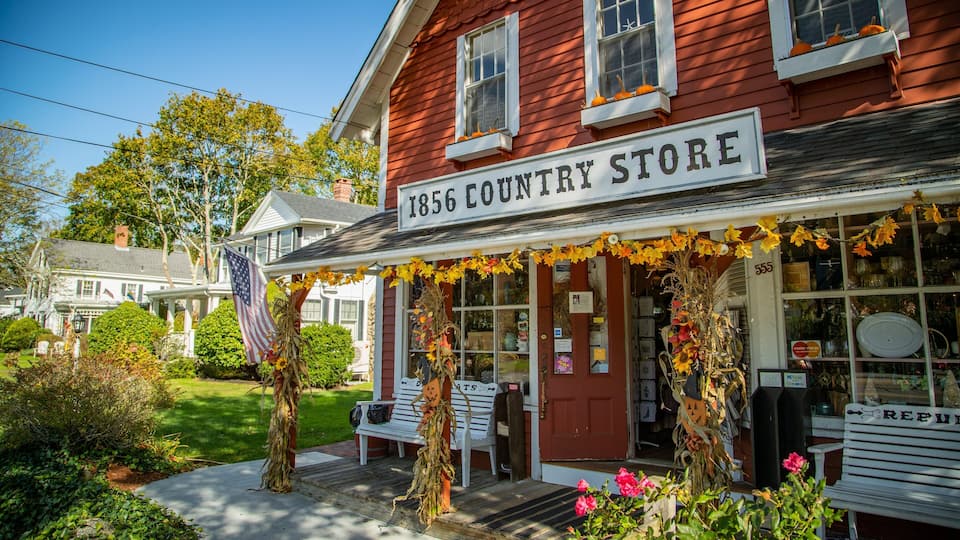 A red building with a sign reading "1856 Country Store".