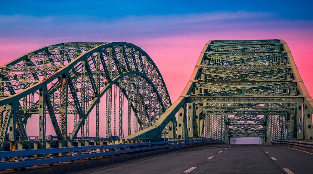 Great South Bay Bridge, aka the Captree Bridge, a twin-span bridge on the southwest side of Suffolk County, New York, on Long Island over the Great South Bay at Sunset